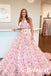 Sweet Floral Tulle Spaghetti Straps V-Neck Sleeveless Side Slit A-Line Floor Length Prom Dress, PD01060