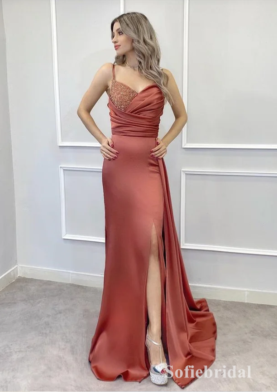 Sexy Satin Spaghetti Straps V-Neck Sleeveless Side Slit mermaid Long Prom Dresses With Beading, PD0884
