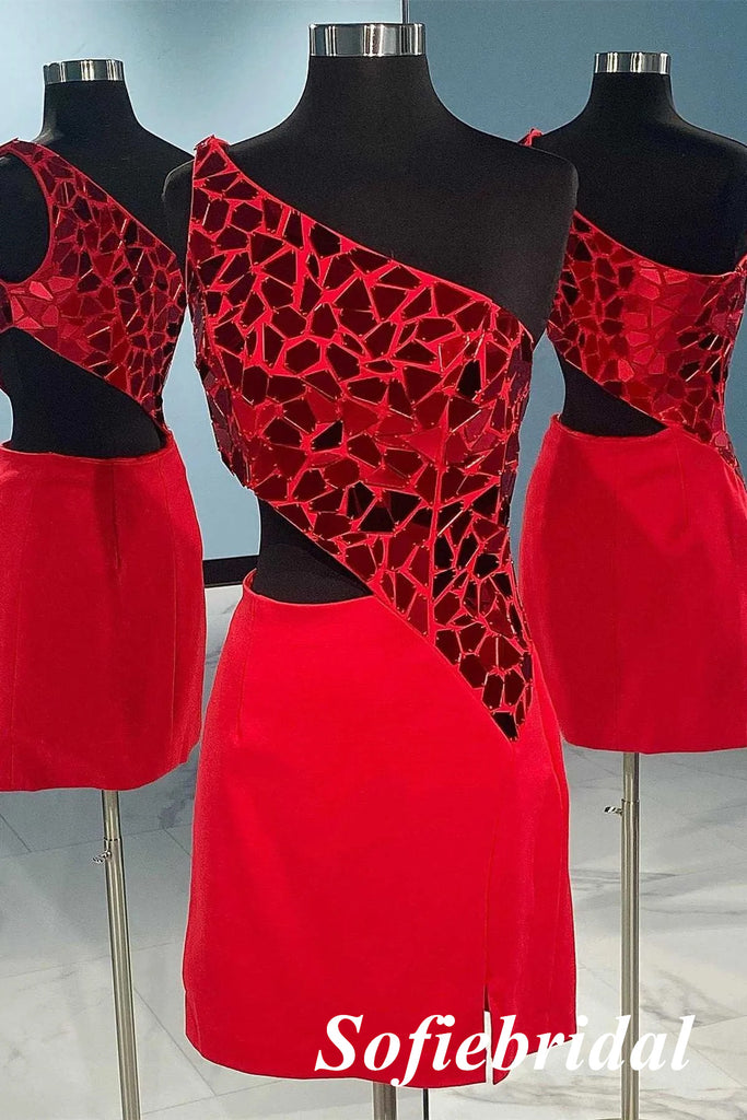 Sexy Red One Shoulder Sheath Mini Dresses/ Homecoming Dresses With Split, HD0240