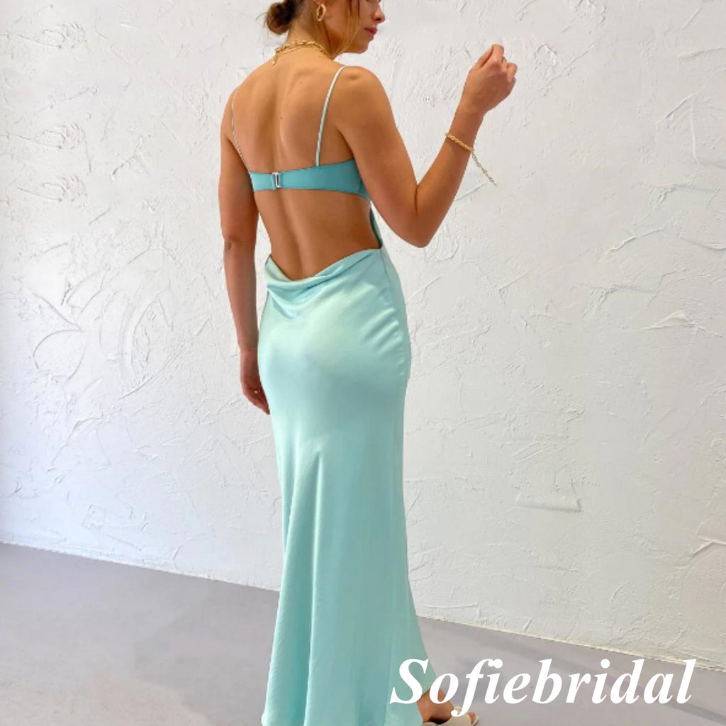 Sexy Soft Satin Spaghetti Straps Sleeveless Backless Mermaid Prom Dress, PD01021