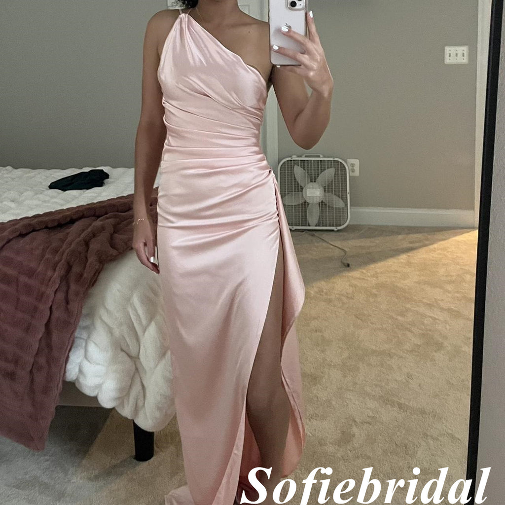 Sexy Soft Satin One Shoulder Sleeveless Side Slit Mermaid Maxi Prom Dress With Ruffle, PD01125