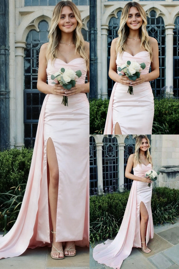 Blush Pink Satin Strapless Prom Dress with Sweep Train and High Slit, PD01199