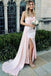 Blush Pink Satin Strapless Prom Dress with Sweep Train and High Slit, PD01199