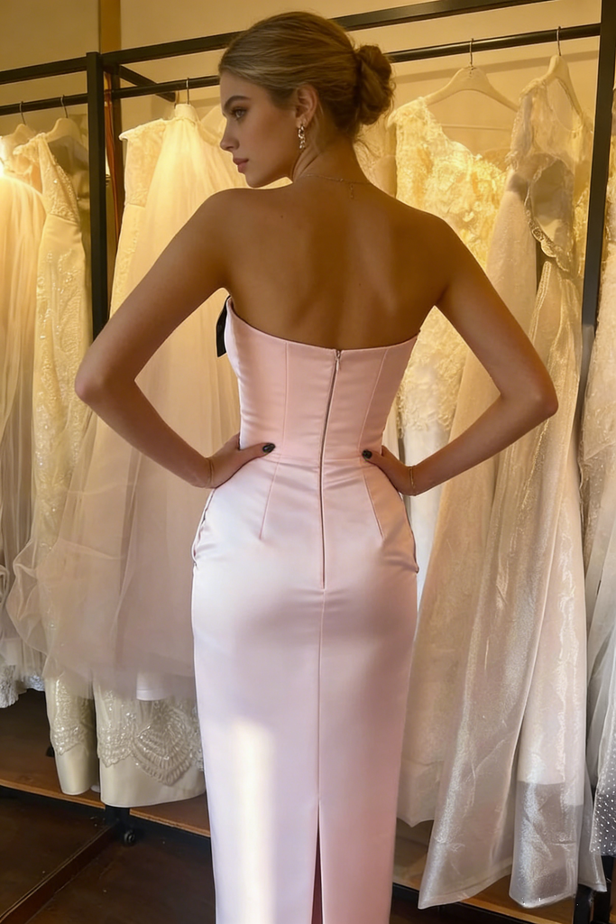 Pink Satin Strapless Bow Detail Midi Cocktail Dress, PD01200
