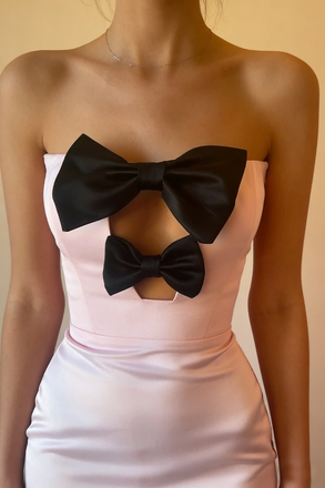 Pink Satin Strapless Bow Detail Midi Cocktail Dress, PD01200