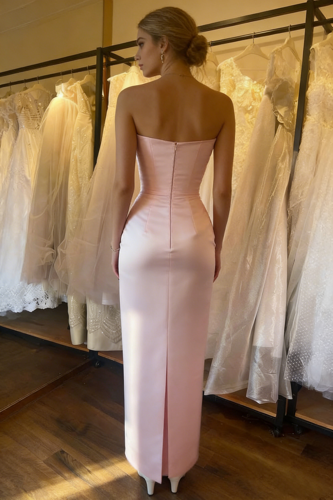 Pink Satin Strapless Bow Detail Midi Cocktail Dress, PD01200