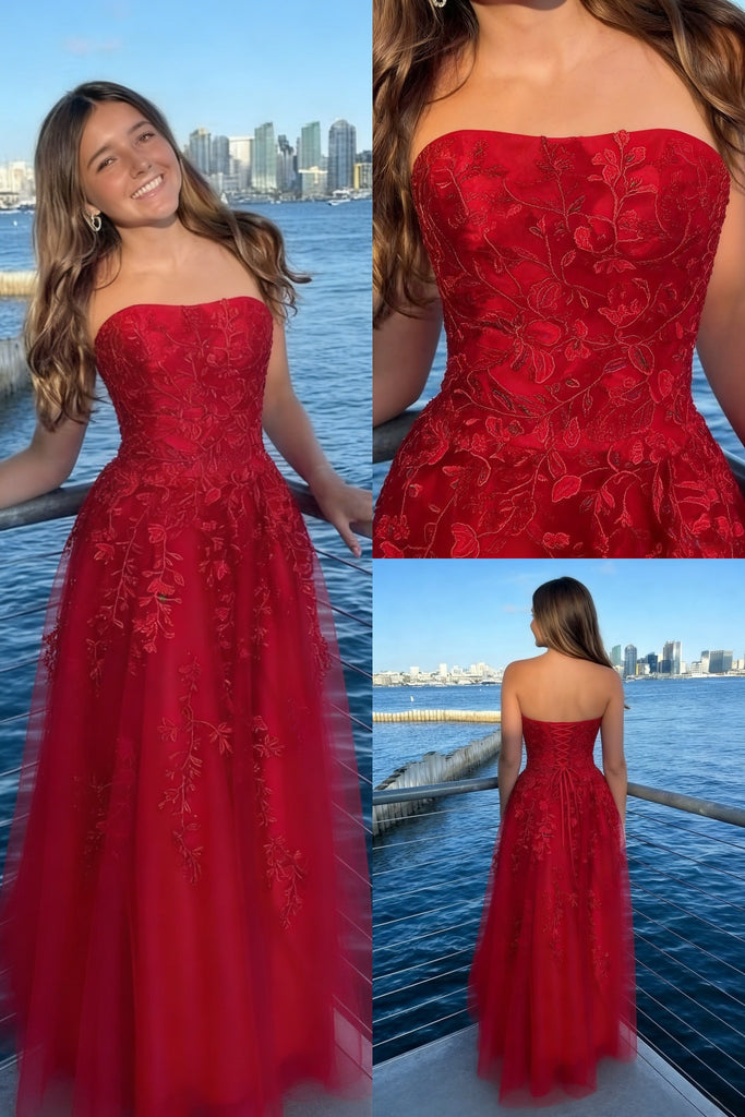 Red Strapless Embroidered Tulle A-Line Prom Dress, PD01201