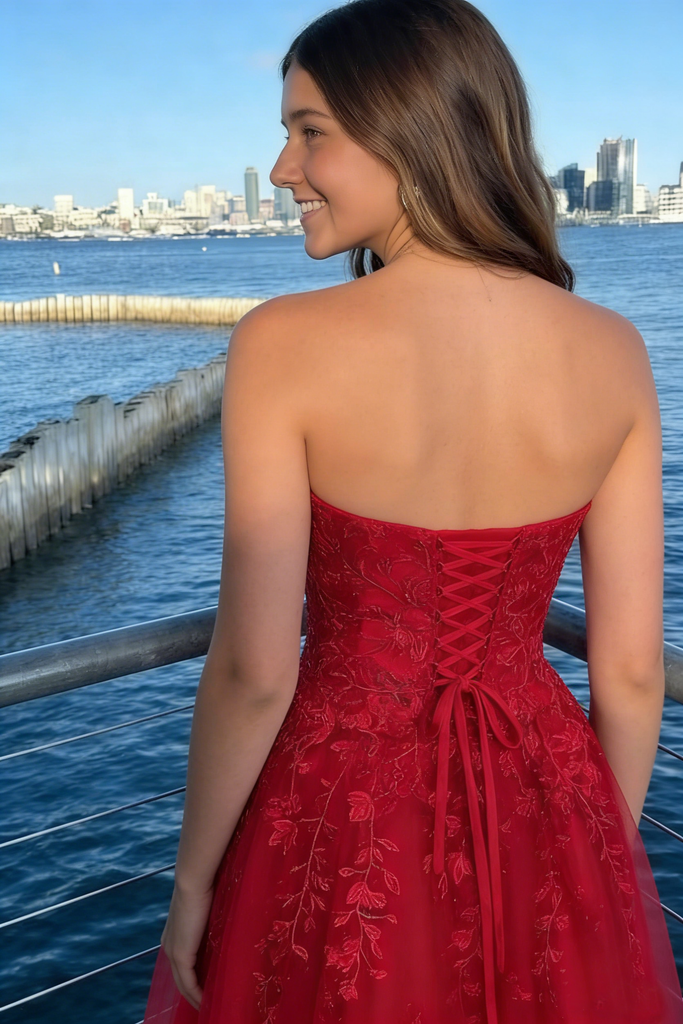 Red Strapless Embroidered Tulle A-Line Prom Dress, PD01201
