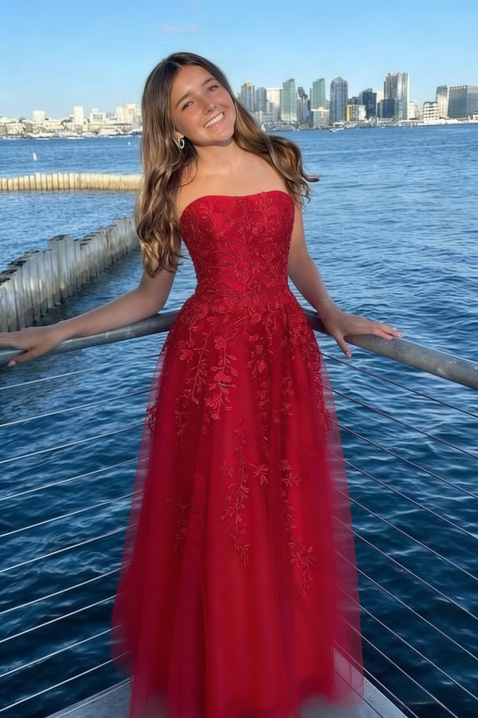 Red Strapless Embroidered Tulle A-Line Prom Dress, PD01201