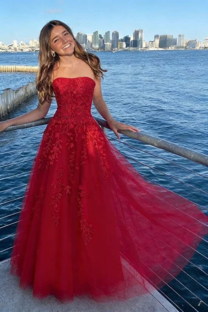 Red Strapless Embroidered Tulle A-Line Prom Dress, PD01201