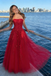 Red Strapless Embroidered Tulle A-Line Prom Dress, PD01201