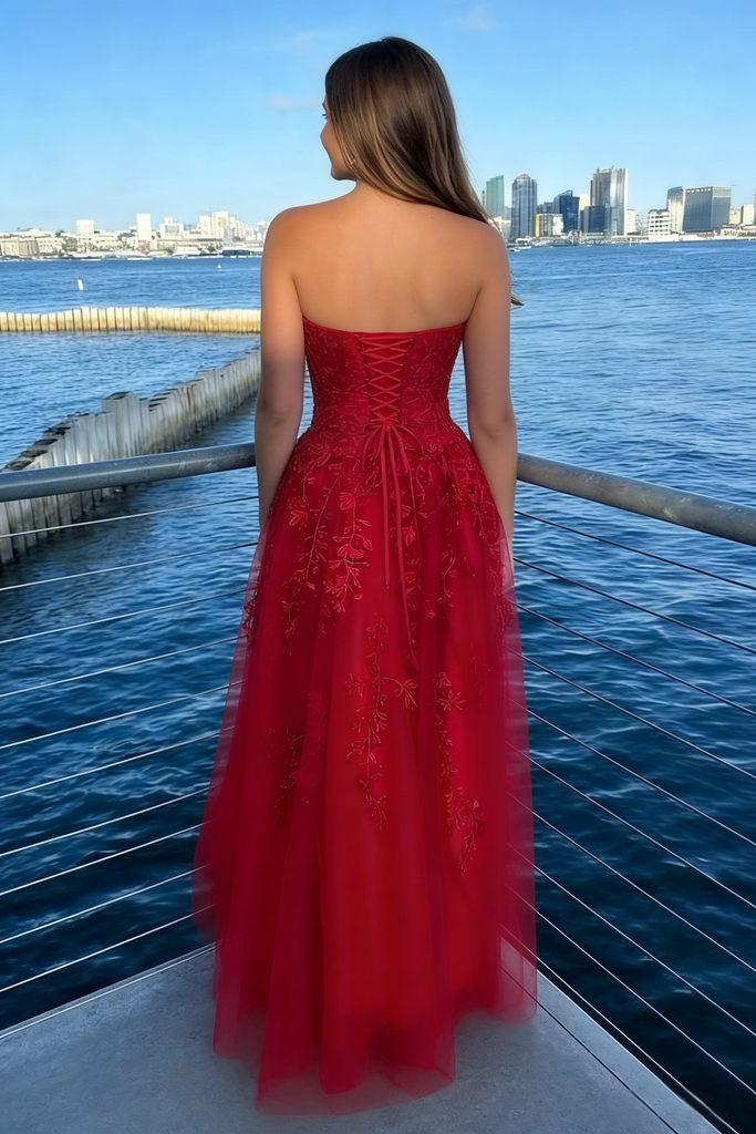 Red Strapless Embroidered Tulle A-Line Prom Dress, PD01201