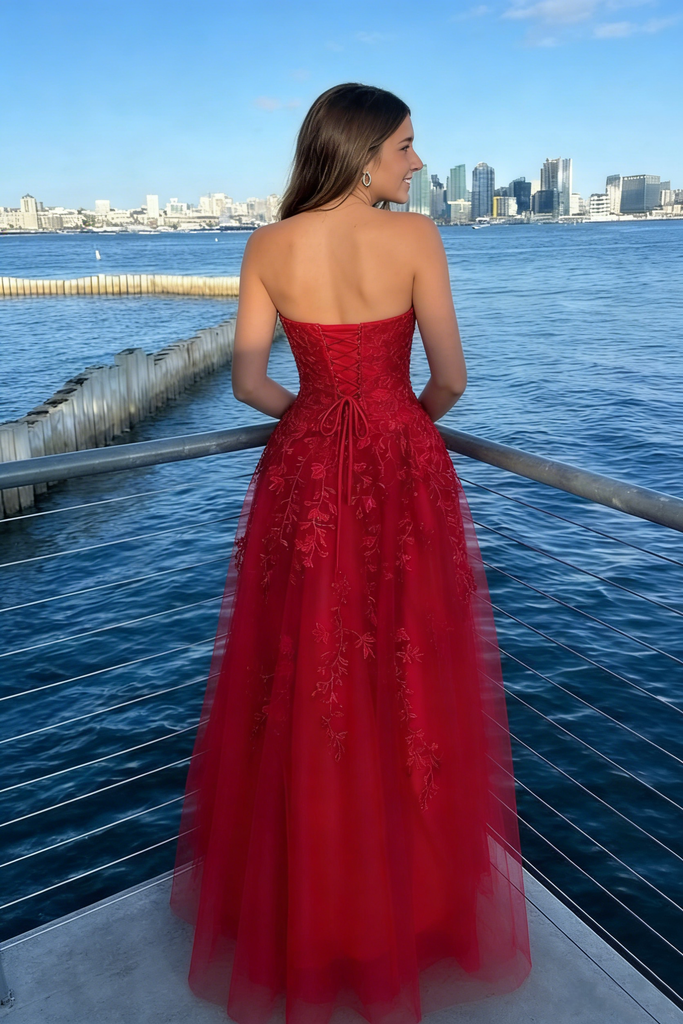 Red Strapless Embroidered Tulle A-Line Prom Dress, PD01201