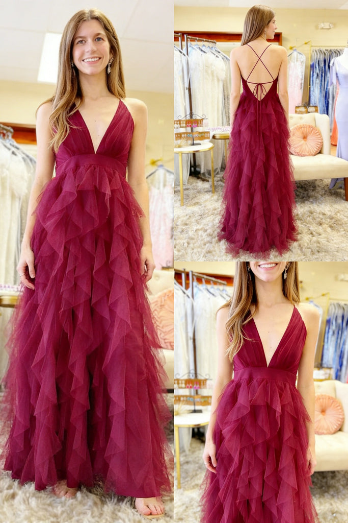 Burgundy Spaghetti Straps Criss-Cross Tiered Tulle A-Line Maxi Formal Dress, PD01202
