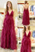 Burgundy Spaghetti Straps Criss-Cross Tiered Tulle A-Line Maxi Formal Dress, PD01202