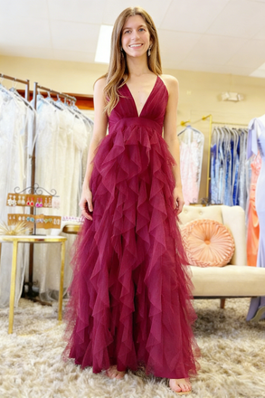 Burgundy Spaghetti Straps Criss-Cross Tiered Tulle A-Line Maxi Formal Dress, PD01202