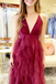 Burgundy Spaghetti Straps Criss-Cross Tiered Tulle A-Line Maxi Formal Dress, PD01202