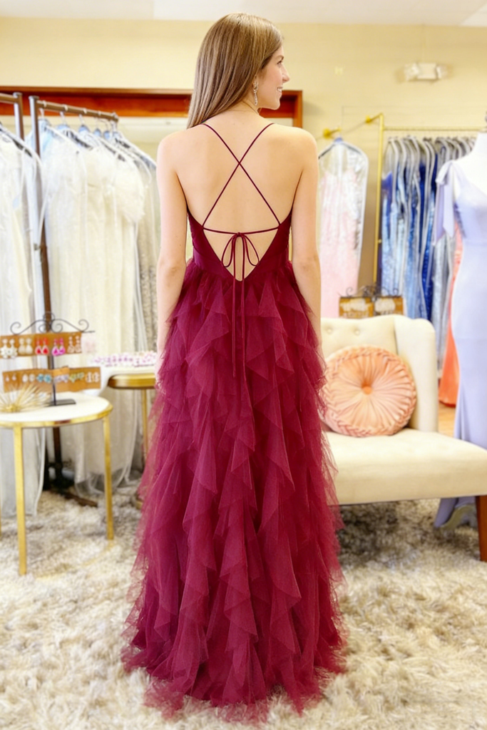 Burgundy Spaghetti Straps Criss-Cross Tiered Tulle A-Line Maxi Formal Dress, PD01202