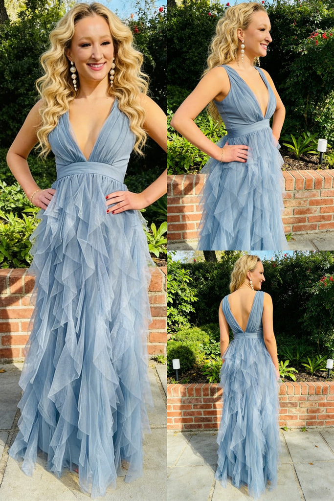 Dusty-Blue Spaghetti Straps V-Neck Tiered Tulle A-Line Maxi Prom Dress, PD01204