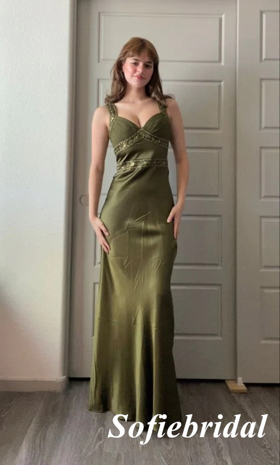 Sexy Soft Satin Spaghetti Straps V-Neck Sleeveless Mermaid Floor Length Prom Dress With Applique, PD01068