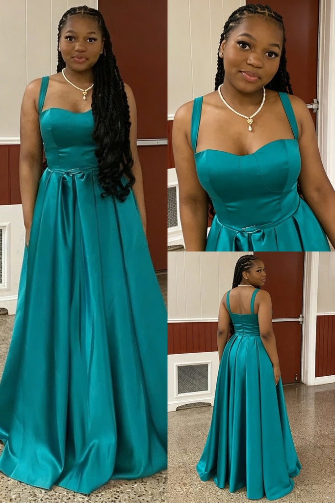 Teal Satin Spaghetti Straps A-Line Maxi Prom Dress, PD01205
