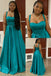 Teal Satin Spaghetti Straps A-Line Maxi Prom Dress, PD01205