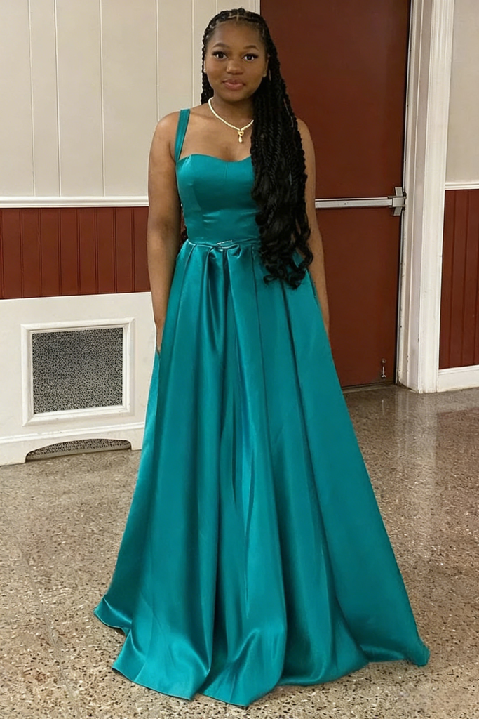 Teal Satin Spaghetti Straps A-Line Maxi Prom Dress, PD01205