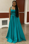 Teal Satin Spaghetti Straps A-Line Maxi Prom Dress, PD01205