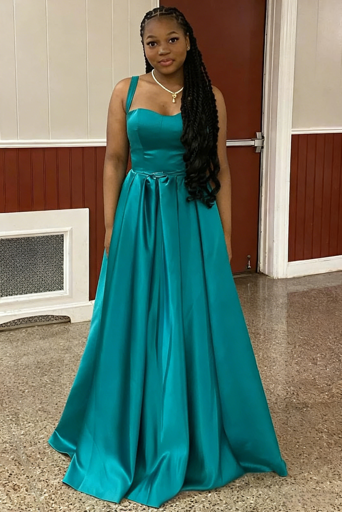 Teal Satin Spaghetti Straps A-Line Maxi Prom Dress, PD01205