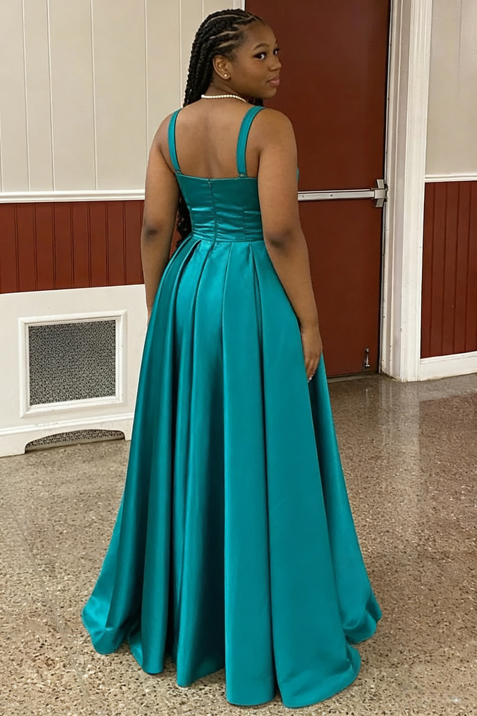 Teal Satin Spaghetti Straps A-Line Maxi Prom Dress, PD01205