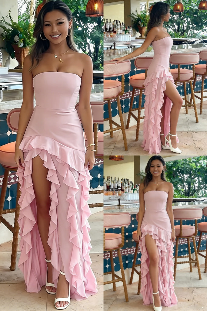 Sexy Blush Chiffon Strapless Side Slit Mermaid Ruffle Prom Dress, PD01206
