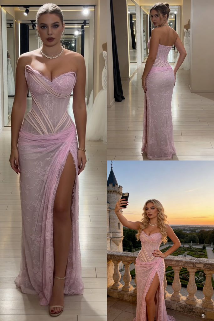 Pink Lace Sweetheart Corset Mermaid Maxi Prom Dress with High Slit, PD01207