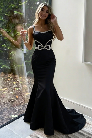 Elegant Black Satin Mermaid Prom Dress with Rhinestone Bow Belt, PD01208