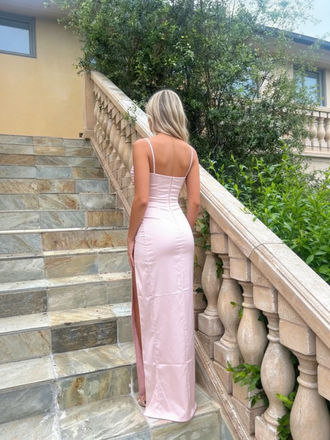 Sexy Blush Satin Spaghetti Strap Prom Dress with Slit, PD01209