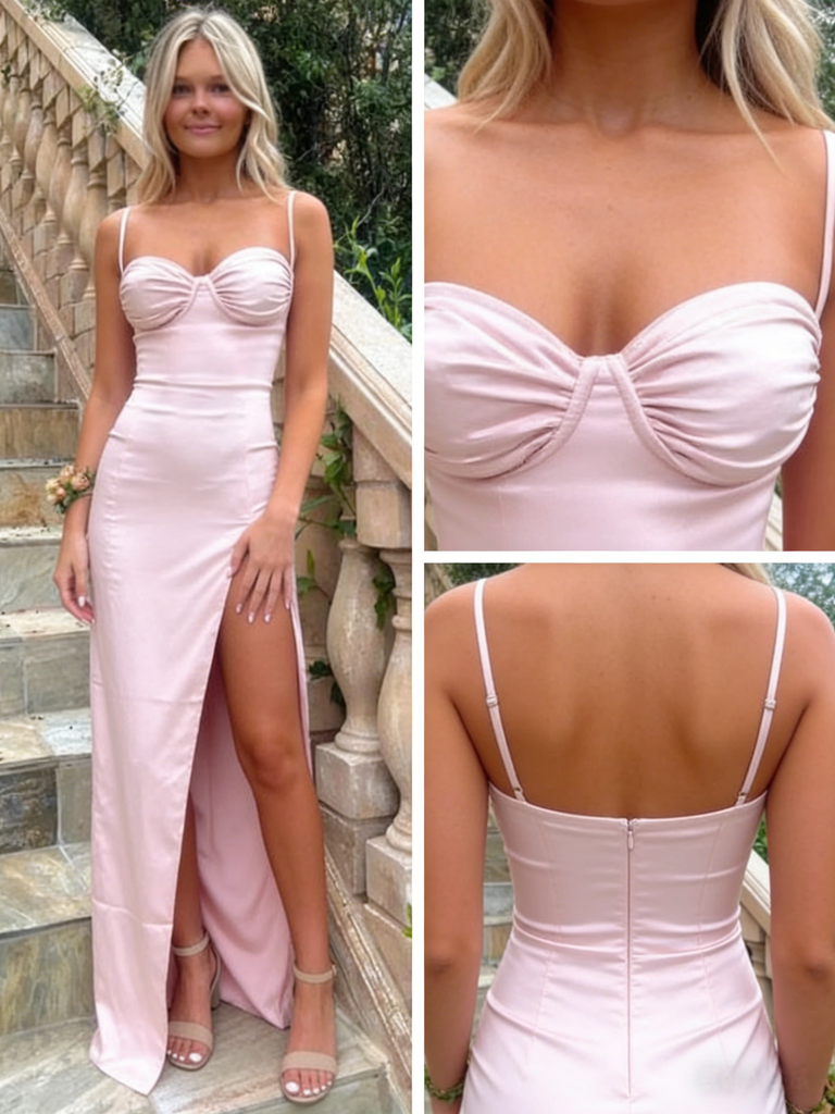 Sexy Blush Satin Spaghetti Strap Prom Dress with Slit, PD01209