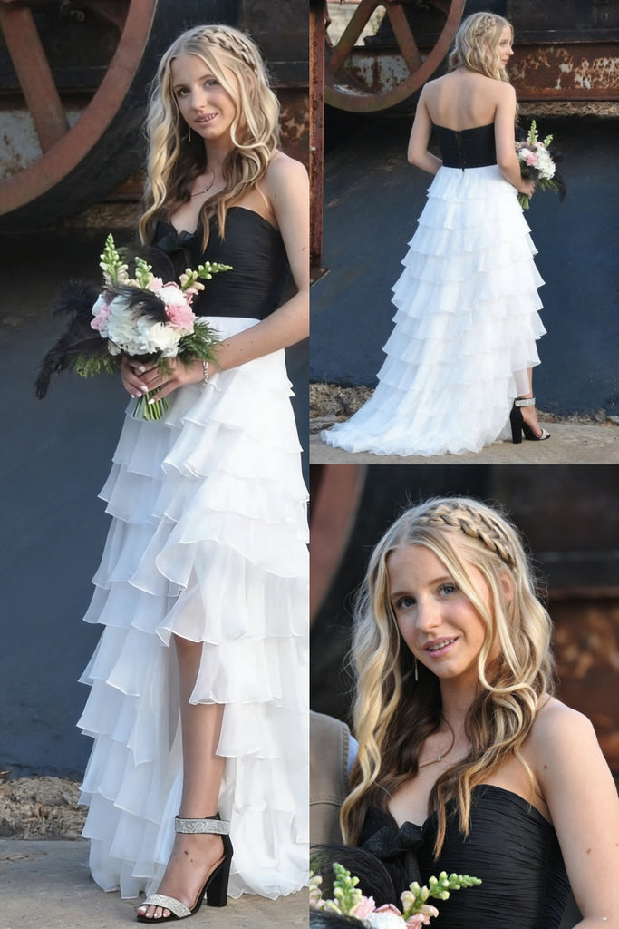 Elegant Black and White Sweetheart Ruffle Tiered Prom Dress With Split , PD01210