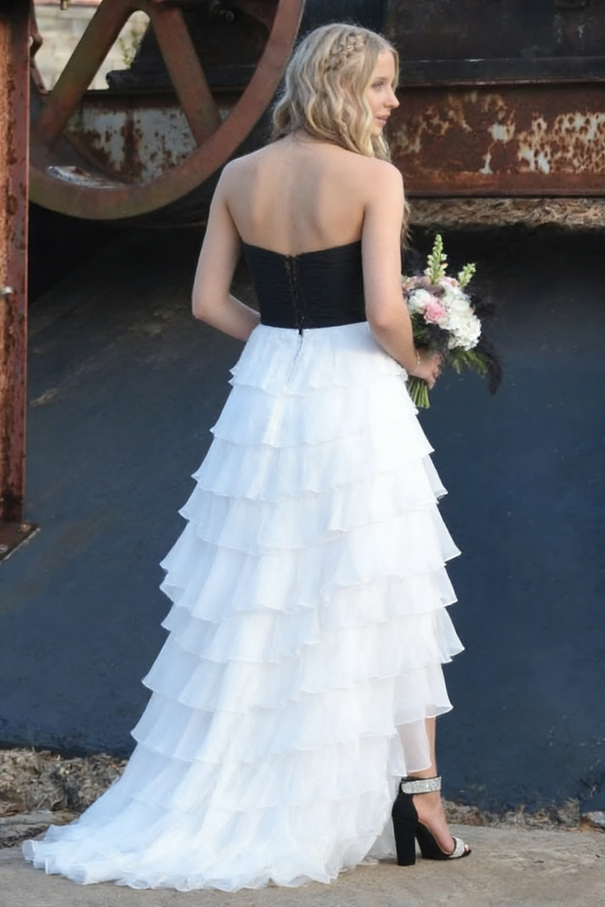 Elegant Black and White Sweetheart Ruffle Tiered Prom Dress With Split , PD01210