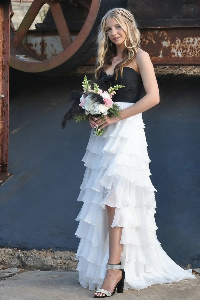 Elegant Black and White Sweetheart Ruffle Tiered Prom Dress With Split , PD01210