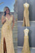 Shiny Gold Sequin Beaded Mermaid Prom Dress with Slit and Open Back, PD01211