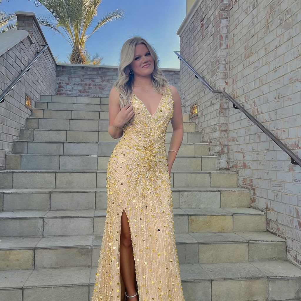 Shiny Gold Sequin Beaded Mermaid Prom Dress with Slit and Open Back, PD01211