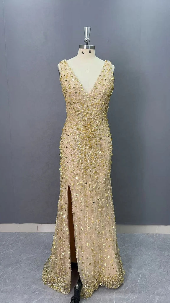 Shiny Gold Sequin Beaded Mermaid Prom Dress with Slit and Open Back, PD01211