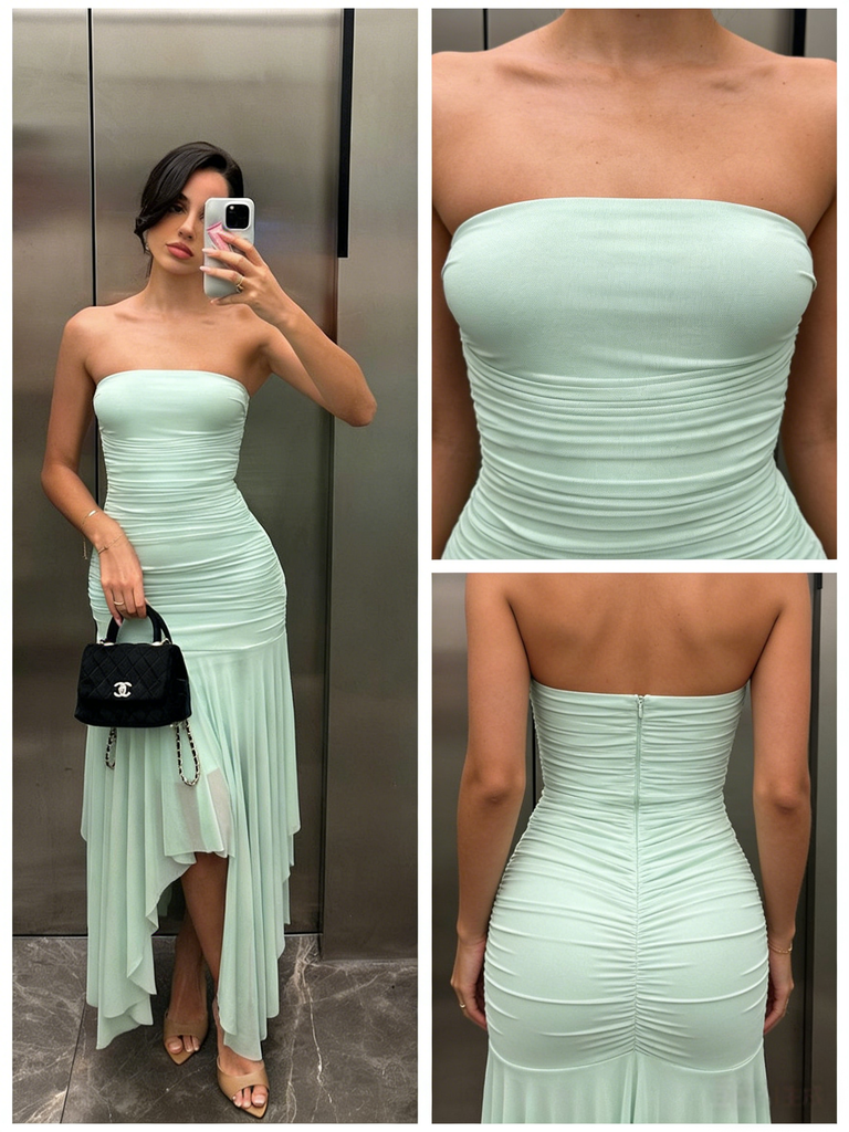 Mint Green Strapless High-Low Midi Dress, Ruched Bodycon Formal Gown, PD01212
