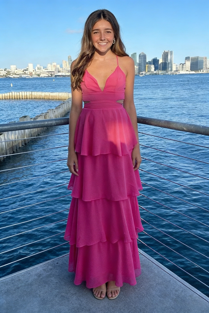 Hot Pink Spaghetti Strap Tiered Maxi Dress, Crisscross Back Formal Gown, PD01213