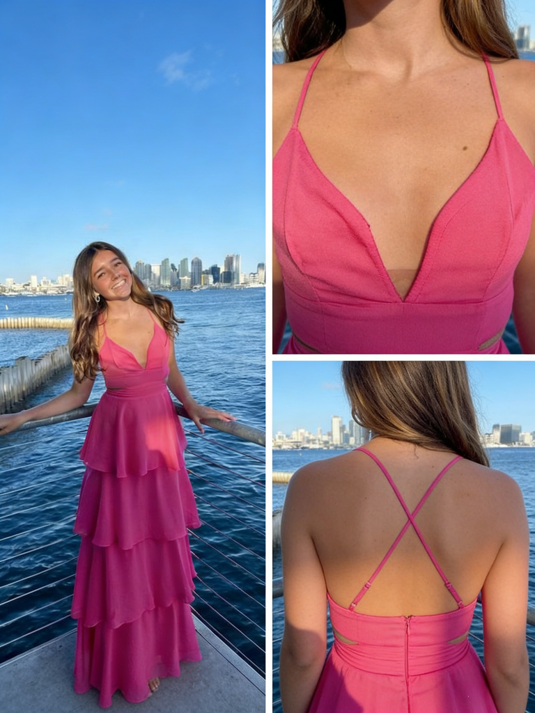 Hot Pink Spaghetti Strap Tiered Maxi Dress, Crisscross Back Formal Gown, PD01213