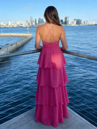 Hot Pink Spaghetti Strap Tiered Maxi Dress, Crisscross Back Formal Gown, PD01213