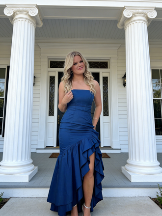 Navy Blue Strapless Ruffled Mermaid Gown, High-Slit Formal Evening Dress, PD01215