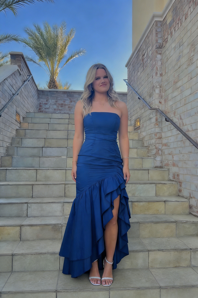 Navy Blue Strapless Ruffled Mermaid Gown, High-Slit Formal Evening Dress, PD01215