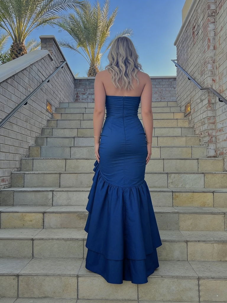 Navy Blue Strapless Ruffled Mermaid Gown, High-Slit Formal Evening Dress, PD01215