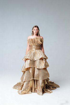 Gold Ruffled Tiered Strapless Ball Gown Luxurious Elegant Prom Gala Dress, PD01218