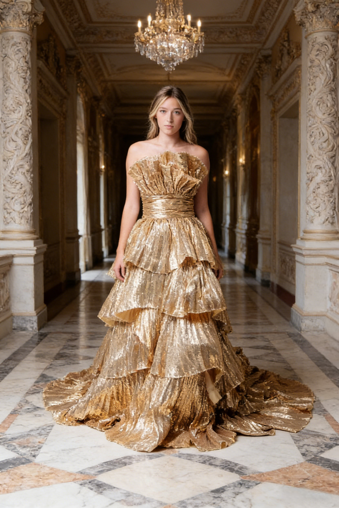Gold Ruffled Tiered Strapless Ball Gown Luxurious Elegant Prom Gala Dress, PD01218